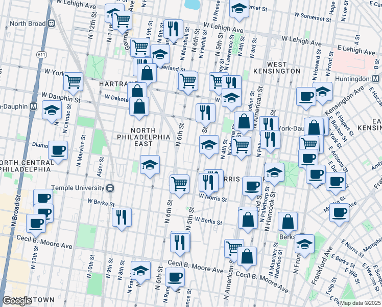map of restaurants, bars, coffee shops, grocery stores, and more near 2141 North Randolph Street in Philadelphia