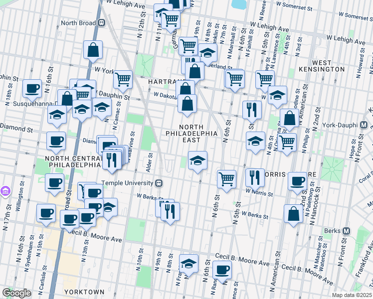 map of restaurants, bars, coffee shops, grocery stores, and more near 2118 North 8th Street in Philadelphia