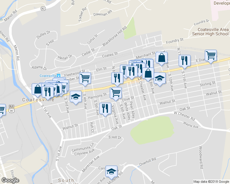 map of restaurants, bars, coffee shops, grocery stores, and more near 22 South 6th Avenue in Coatesville