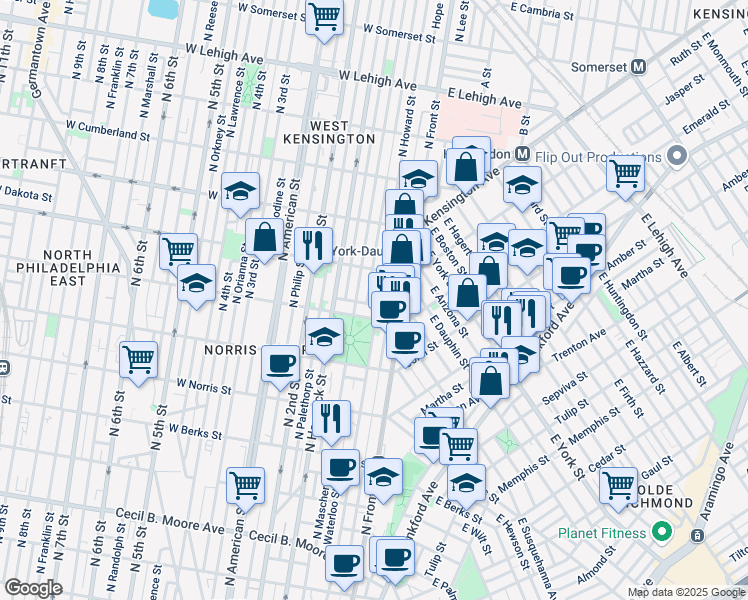 map of restaurants, bars, coffee shops, grocery stores, and more near 2222 North Howard Street in Philadelphia