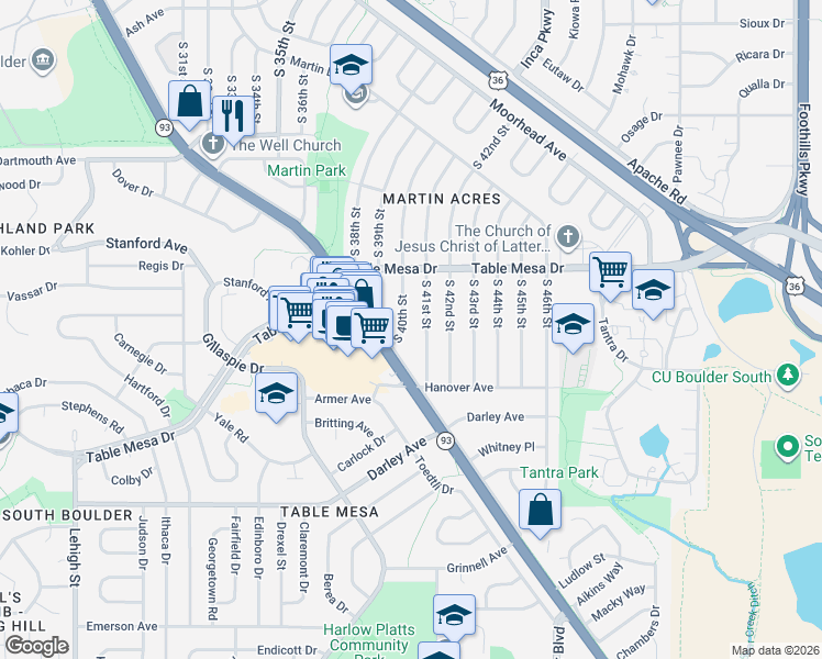 map of restaurants, bars, coffee shops, grocery stores, and more near 637 South 40th Street in Boulder