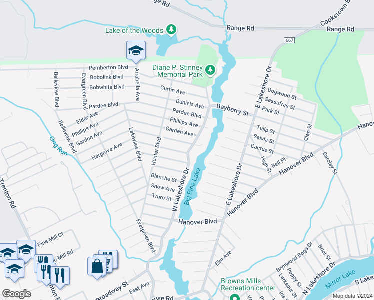 map of restaurants, bars, coffee shops, grocery stores, and more near 1101 West Lakeshore Drive in Pemberton Township