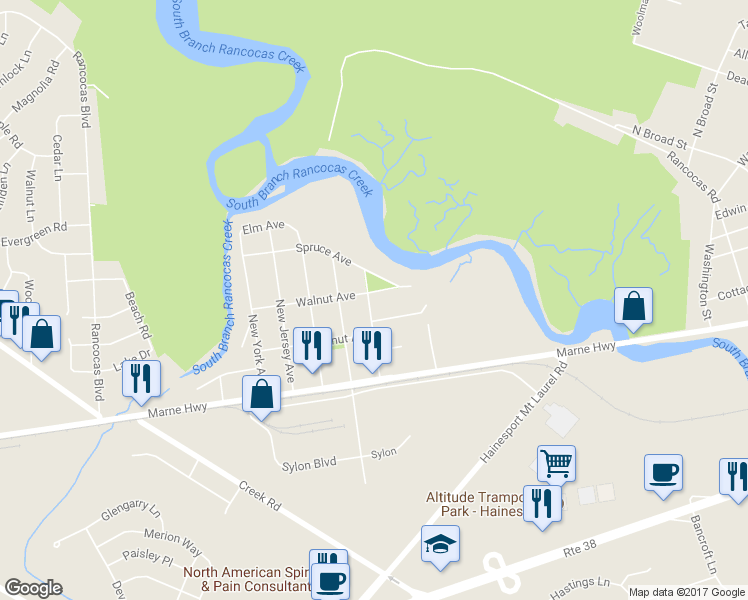 map of restaurants, bars, coffee shops, grocery stores, and more near 109 Maryland Avenue in Hainesport
