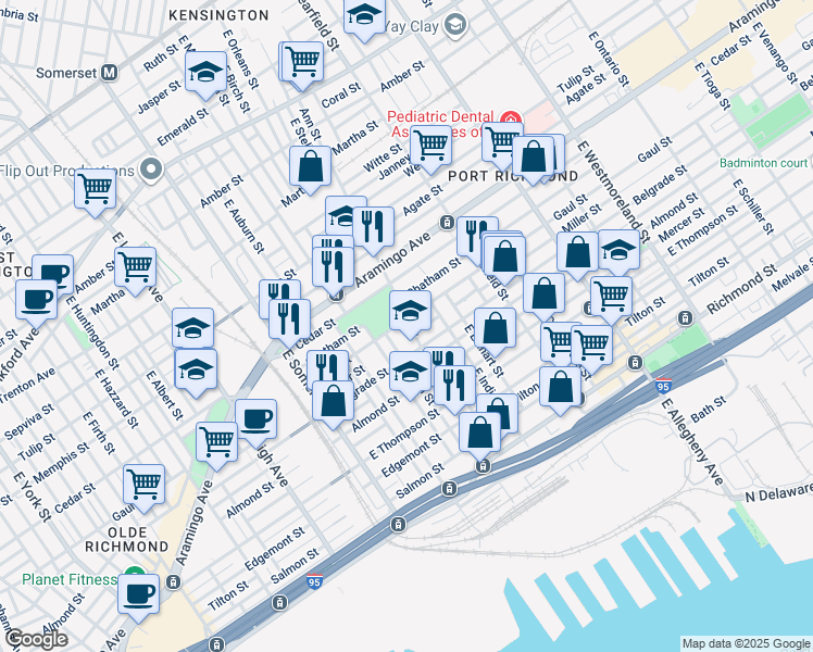 map of restaurants, bars, coffee shops, grocery stores, and more near 2971 Gaul Street in Philadelphia