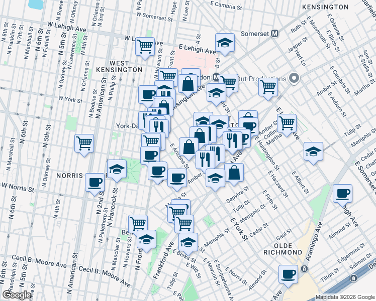 map of restaurants, bars, coffee shops, grocery stores, and more near 2032 East Boston Street in Philadelphia