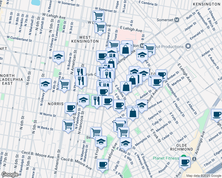 map of restaurants, bars, coffee shops, grocery stores, and more near 1918 East Dauphin Street in Philadelphia