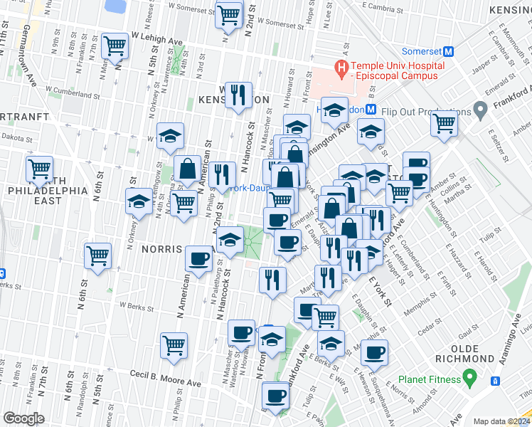 map of restaurants, bars, coffee shops, grocery stores, and more near 2222 North Howard Street in Philadelphia