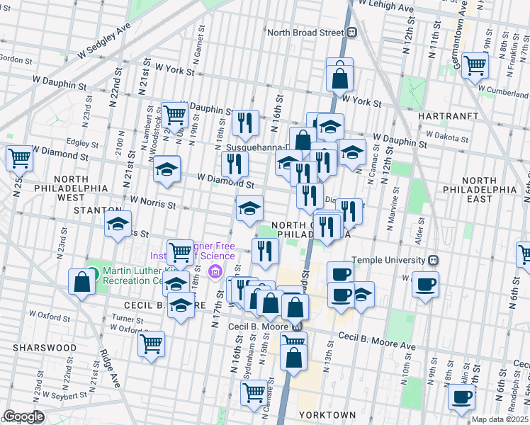 map of restaurants, bars, coffee shops, grocery stores, and more near 1602 Page Street in Philadelphia
