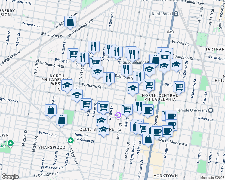 map of restaurants, bars, coffee shops, grocery stores, and more near in Philadelphia