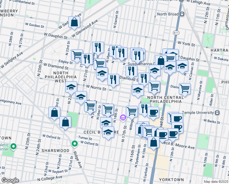 map of restaurants, bars, coffee shops, grocery stores, and more near in Philadelphia