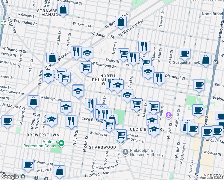 map of restaurants, bars, coffee shops, grocery stores, and more near 1914 North Croskey Street in Philadelphia