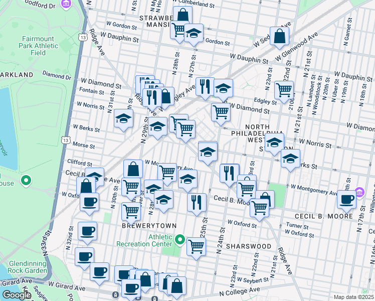 map of restaurants, bars, coffee shops, grocery stores, and more near 2614 Ridge Avenue in Philadelphia