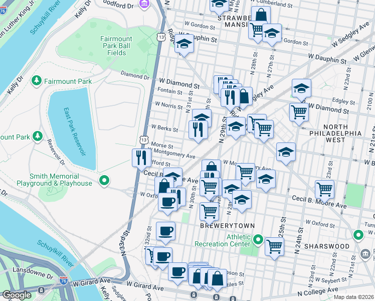 map of restaurants, bars, coffee shops, grocery stores, and more near 1811 North 31st Street in Philadelphia