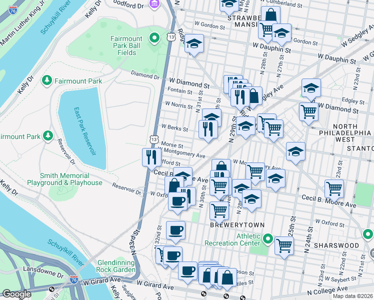 map of restaurants, bars, coffee shops, grocery stores, and more near 1811 North 31st Street in Philadelphia