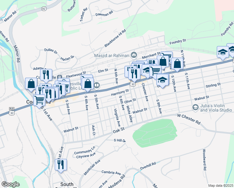 map of restaurants, bars, coffee shops, grocery stores, and more near 22 South 6th Avenue in Coatesville