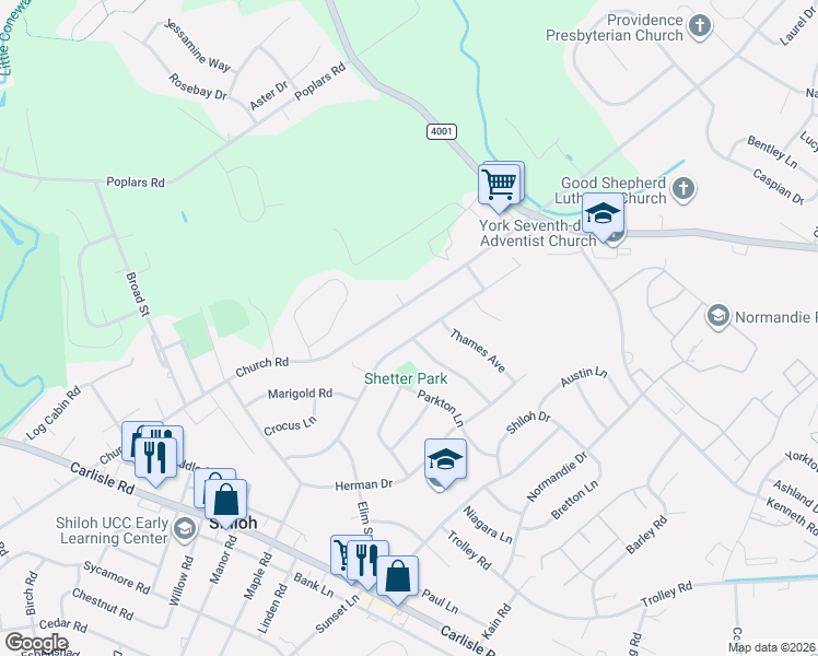 map of restaurants, bars, coffee shops, grocery stores, and more near 1730 Church Road in York