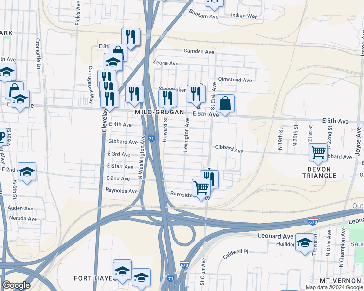 map of restaurants, bars, coffee shops, grocery stores, and more near 805 Gibbard Avenue in Columbus