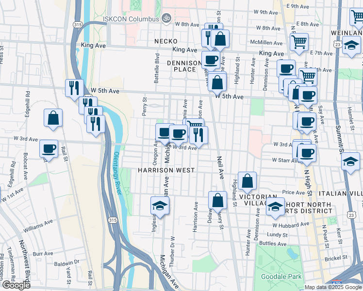 map of restaurants, bars, coffee shops, grocery stores, and more near 410 West 3rd Avenue in Columbus
