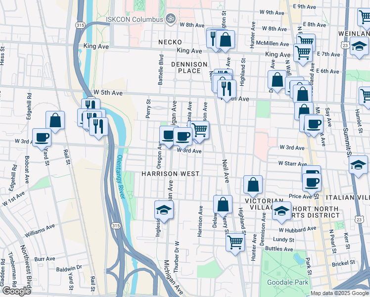 map of restaurants, bars, coffee shops, grocery stores, and more near 410 West 3rd Avenue in Columbus