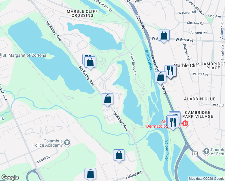 map of restaurants, bars, coffee shops, grocery stores, and more near 1424 Bayshore Drive in Columbus