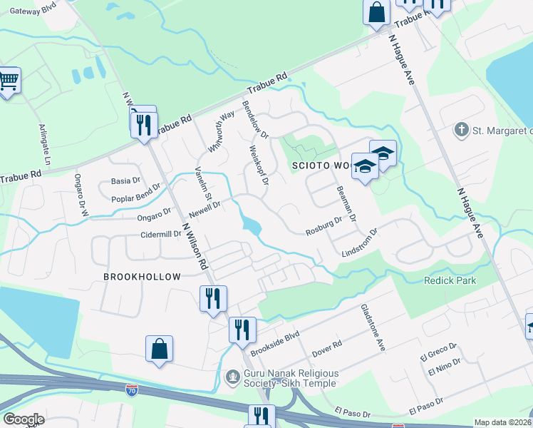 map of restaurants, bars, coffee shops, grocery stores, and more near 3639 Newell Drive in Columbus