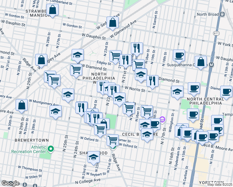map of restaurants, bars, coffee shops, grocery stores, and more near 1933 North Van Pelt Street in Philadelphia