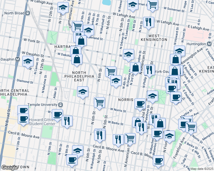 map of restaurants, bars, coffee shops, grocery stores, and more near 2142 N Reese St in Philadelphia