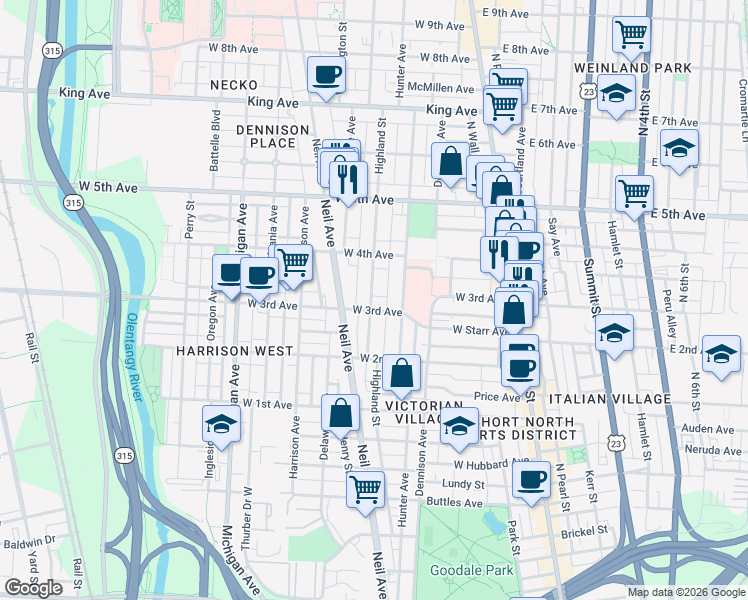 map of restaurants, bars, coffee shops, grocery stores, and more near 1097 Highland Street in Columbus