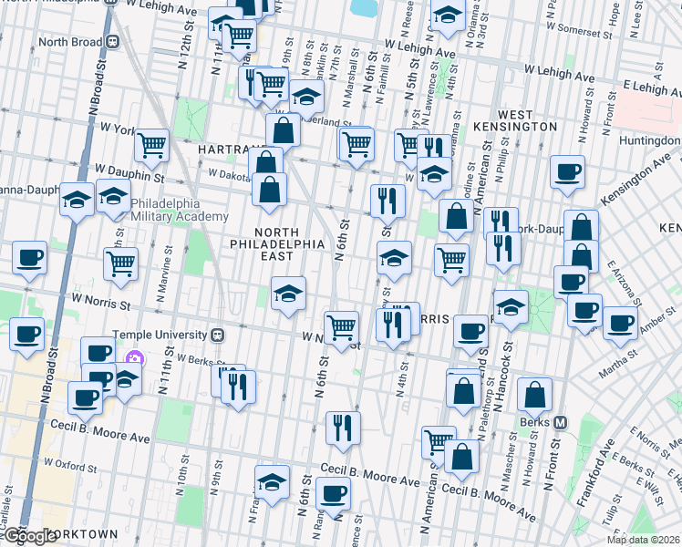 map of restaurants, bars, coffee shops, grocery stores, and more near 2135 North 6th Street in Philadelphia