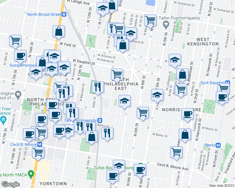 map of restaurants, bars, coffee shops, grocery stores, and more near 2123 North Darien Street in Philadelphia