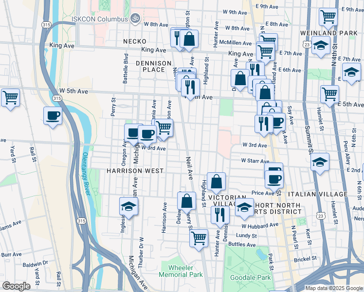 map of restaurants, bars, coffee shops, grocery stores, and more near 1103 Neil Avenue in Columbus