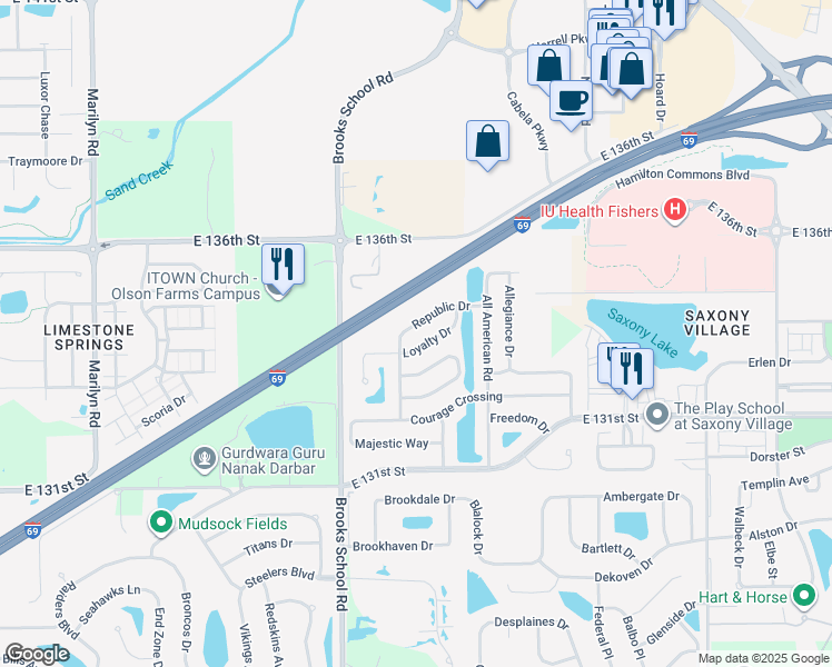 map of restaurants, bars, coffee shops, grocery stores, and more near 12639 Republic Drive in Fishers