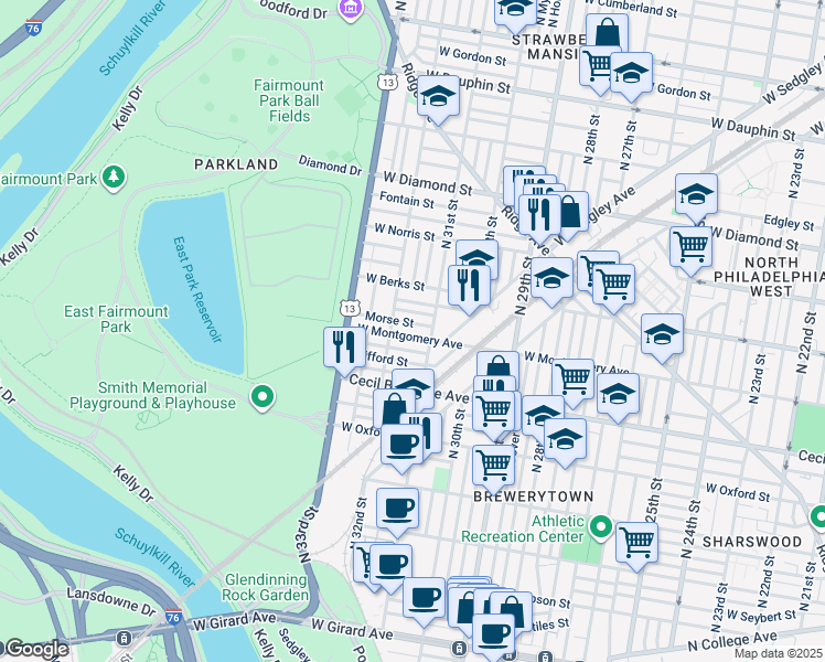 map of restaurants, bars, coffee shops, grocery stores, and more near 3125 West Montgomery Avenue in Philadelphia