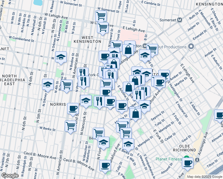 map of restaurants, bars, coffee shops, grocery stores, and more near 1918 East Dauphin Street in Philadelphia