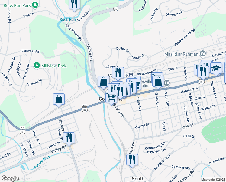 map of restaurants, bars, coffee shops, grocery stores, and more near 136 East Chestnut Street in Coatesville