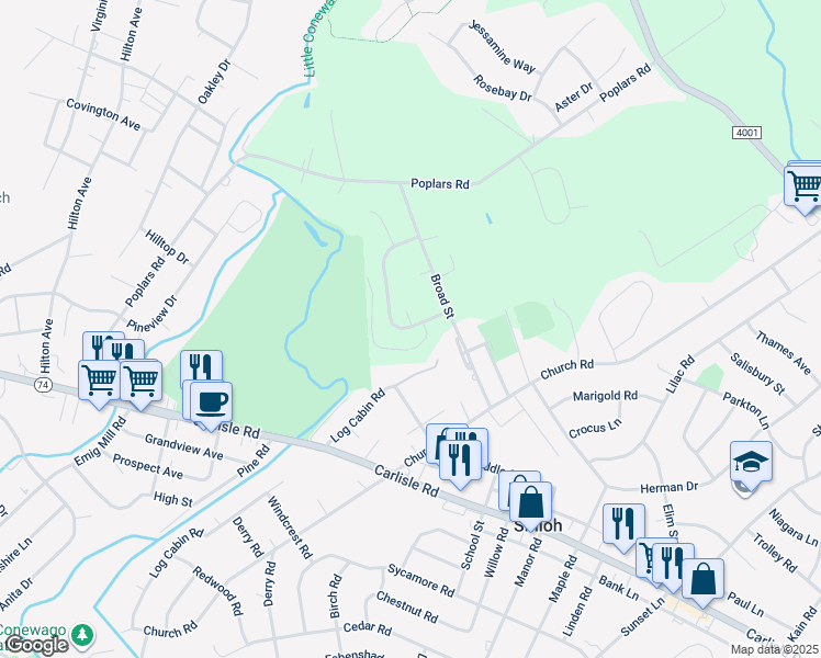 map of restaurants, bars, coffee shops, grocery stores, and more near 2566 Grandview Park Drive in York