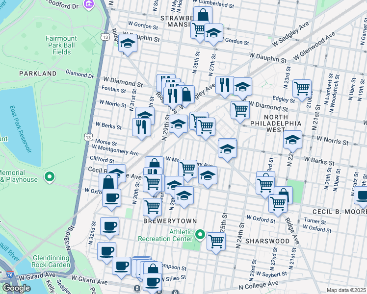 map of restaurants, bars, coffee shops, grocery stores, and more near 1841 North 28th Street in Philadelphia