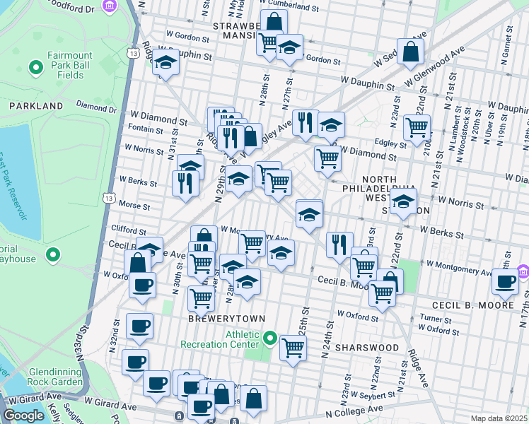 map of restaurants, bars, coffee shops, grocery stores, and more near 1846 North 27th Street in Philadelphia