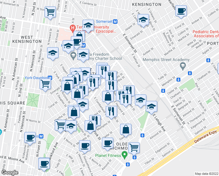 map of restaurants, bars, coffee shops, grocery stores, and more near 2140 East Huntingdon Street in Philadelphia