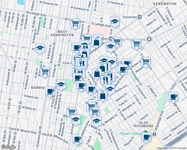 map of restaurants, bars, coffee shops, grocery stores, and more near 2004 East York Street in Philadelphia
