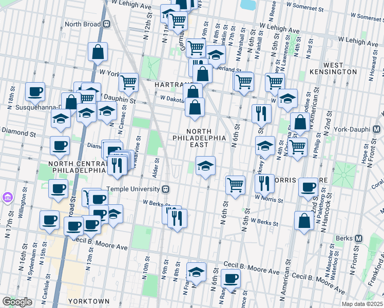 map of restaurants, bars, coffee shops, grocery stores, and more near 2123 North Darien Street in Philadelphia