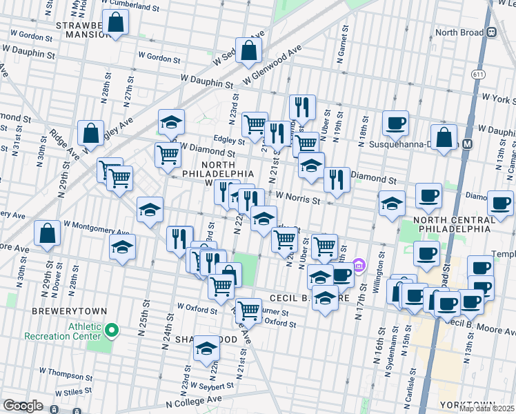 map of restaurants, bars, coffee shops, grocery stores, and more near 1933 North Van Pelt Street in Philadelphia