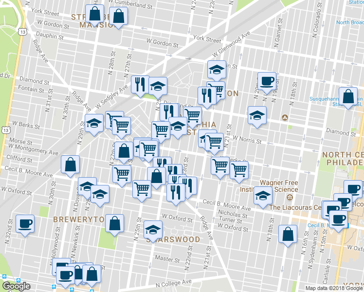 map of restaurants, bars, coffee shops, grocery stores, and more near 1911 Judson Street in Philadelphia