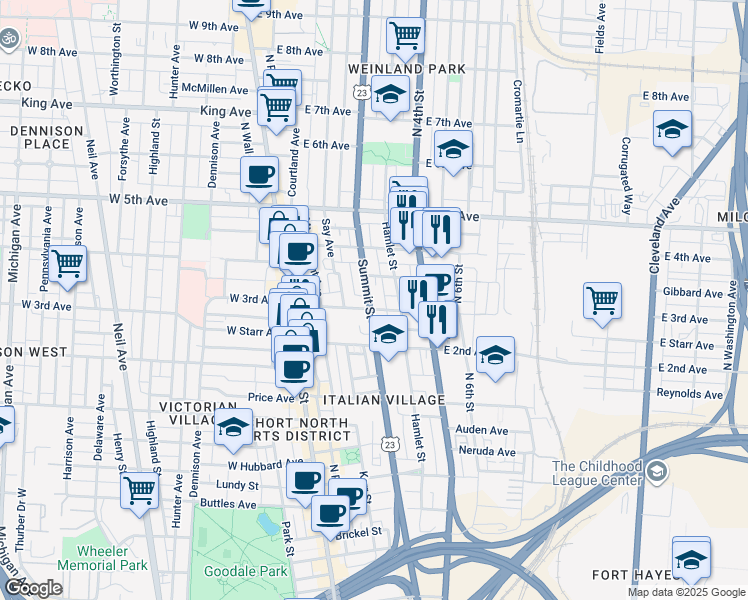 map of restaurants, bars, coffee shops, grocery stores, and more near 1040 Summit Street in Columbus