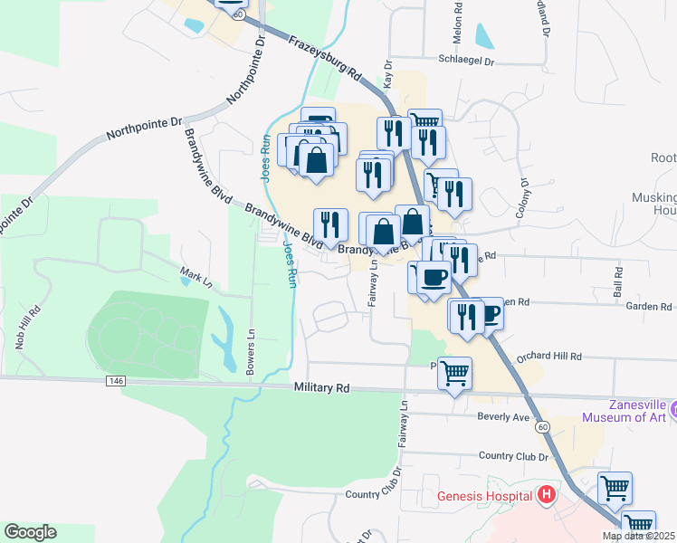 map of restaurants, bars, coffee shops, grocery stores, and more near 1341 Brandywine Place in Zanesville