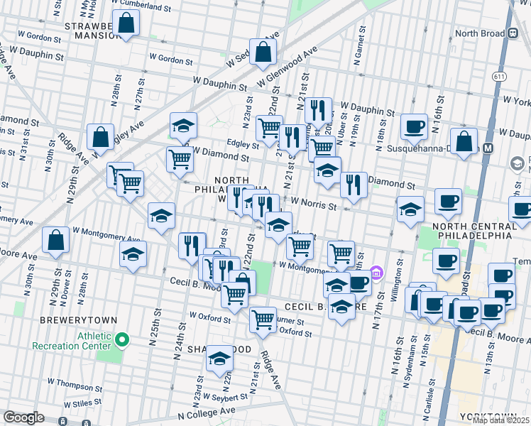 map of restaurants, bars, coffee shops, grocery stores, and more near 1930 North Van Pelt Street in Philadelphia
