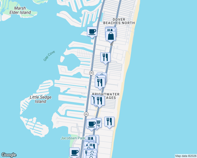 map of restaurants, bars, coffee shops, grocery stores, and more near 106 Del Monte Road in Lavallette