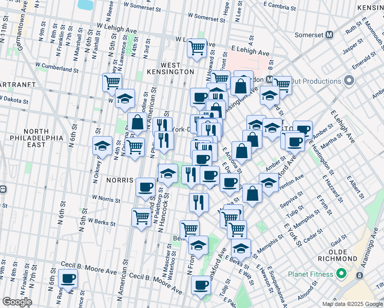 map of restaurants, bars, coffee shops, grocery stores, and more near 2217 Waterloo Street in Philadelphia