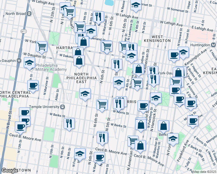 map of restaurants, bars, coffee shops, grocery stores, and more near 2143 North Randolph Street in Philadelphia