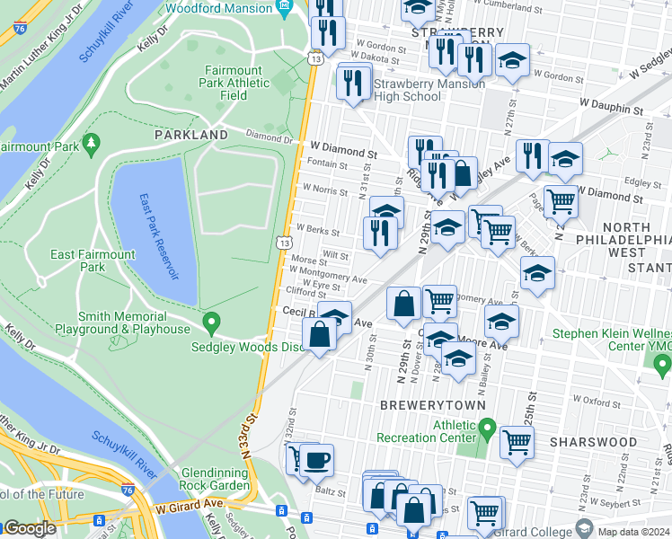 map of restaurants, bars, coffee shops, grocery stores, and more near 3121 West Montgomery Avenue in Philadelphia